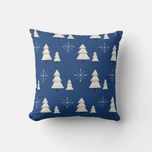 Blue Christmas pillow with pines and snowflakes