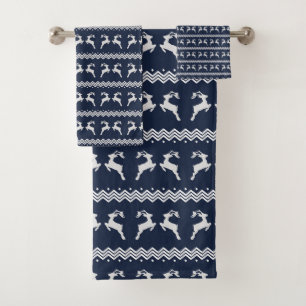 Blue Christmas Reindeer Seamless Pattern Bath Towel Set