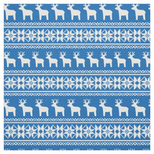 Blue Christmas Reindeer Snowflake Pattern Vintage Fabric