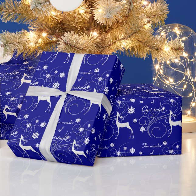 Blue Christmas Reindeer Wonder Wrapping Paper (Holidays)