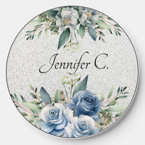 Blue Christmas Roses  Eucalyptus Silver Glitter Wireless Charger