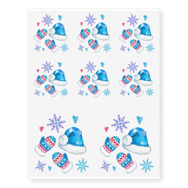 Blue Christmas Santa and Snowflakes Temporary Tattoos (Front)