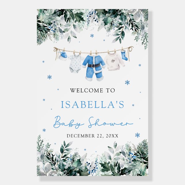 Blue Christmas Santa Baby Baby Shower Welcome Sign (Front)