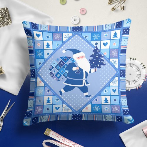 Blue Christmas Santa Claus Quilt  Throw Pillow