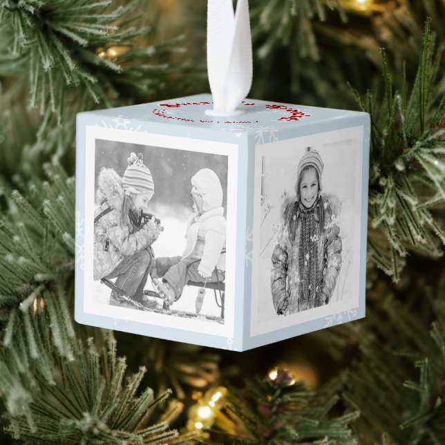 Blue Christmas Snowflake and Black and White Pics Cube Ornament (Tree)