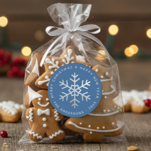 Blue Christmas Snowflake Elegant Faux Silver Foil  Classic Round Sticker