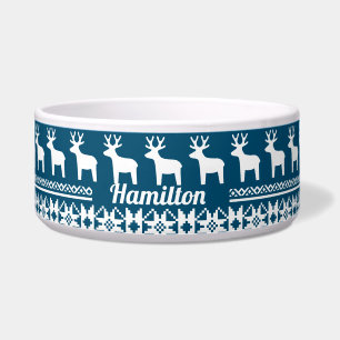 Blue Christmas Snowflake Reindeer Monogram Pet Bowl