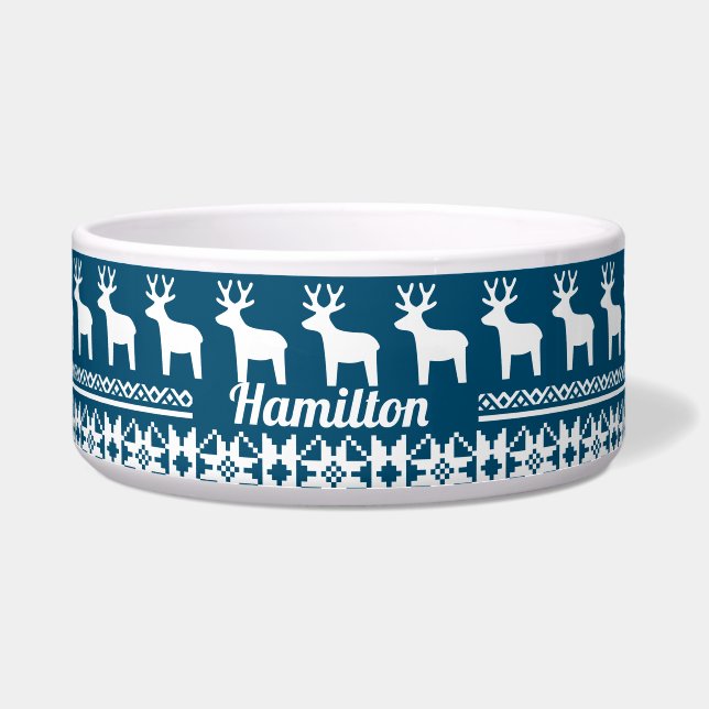 Blue Christmas Snowflake Reindeer Monogram Pet Bowl (Front)