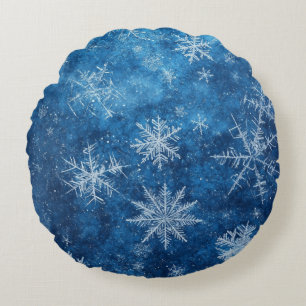 Blue Christmas Snowflake Round Pillow