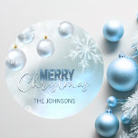 Blue Christmas Snowflake Snow Baubles Classic Round Sticker<br><div class="desc">Personalize these elegant Christmas stickers in blue and silver colors with lights , baubles,  snow,  snowflakes.  Personalize by adding last name,  message or delete.</div>