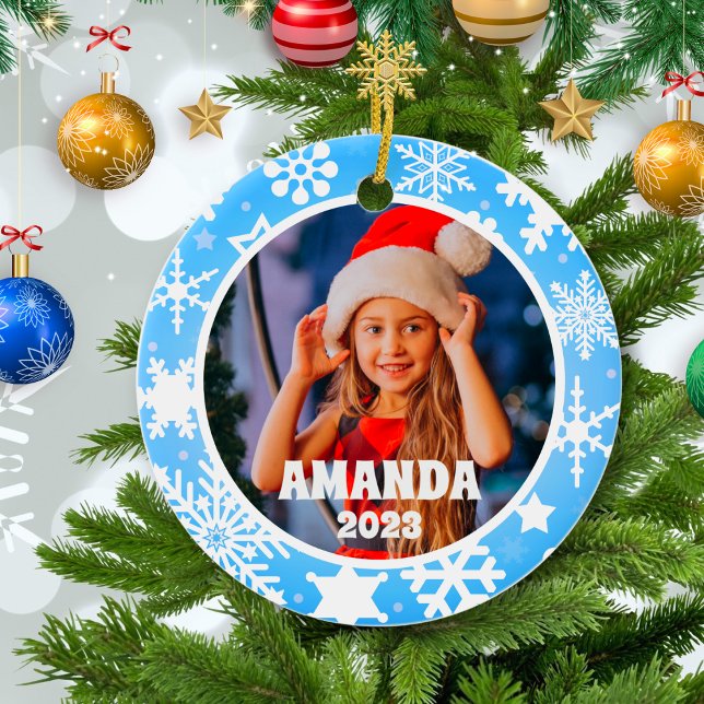 Blue Christmas Snowflakes Personalized Kids Photo Ceramic Ornament (Creator Uploaded)
