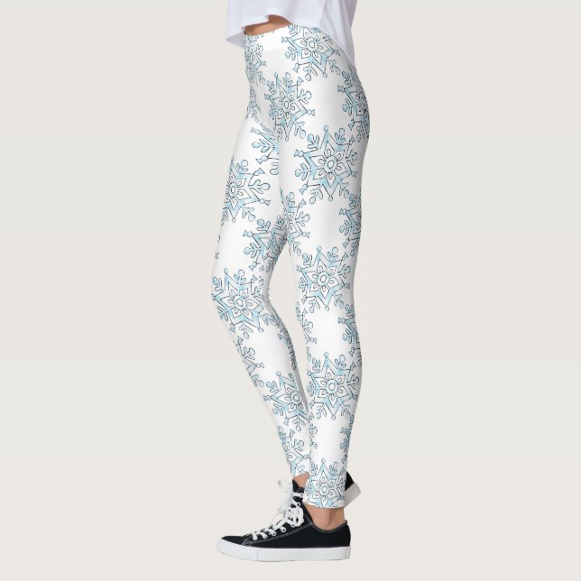 Blue Christmas Snowflakes, Winter Blizzard Pattern Leggings (Left)