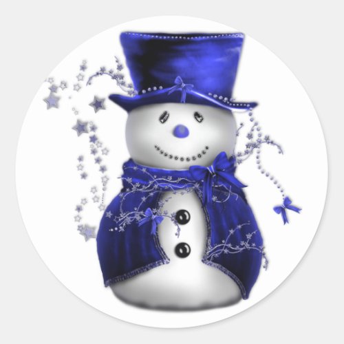 Blue Christmas Snowman Classic Round Sticker