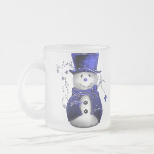 Blue Christmas Snowman Frosted Glass Coffee Mug