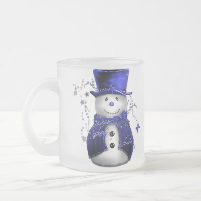 Blue Christmas Snowman Frosted Glass Coffee Mug (Left)