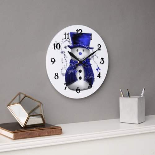 Blue Christmas Snowman Large Clock