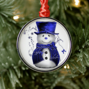 Blue Christmas Snowman Metal Ornament
