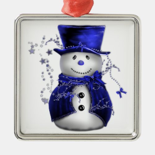 Blue Christmas Snowman Metal Ornament