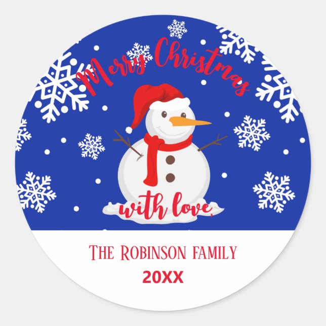 Blue christmas Snowman Snowflakes Classic Round St Sticker (Front)