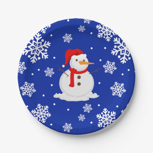 Blue christmas Snowman Snowflakes Paper Plates (Front)