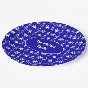 Blue Christmas Snowman Snowflakes Pattern Modern Paper Plates
