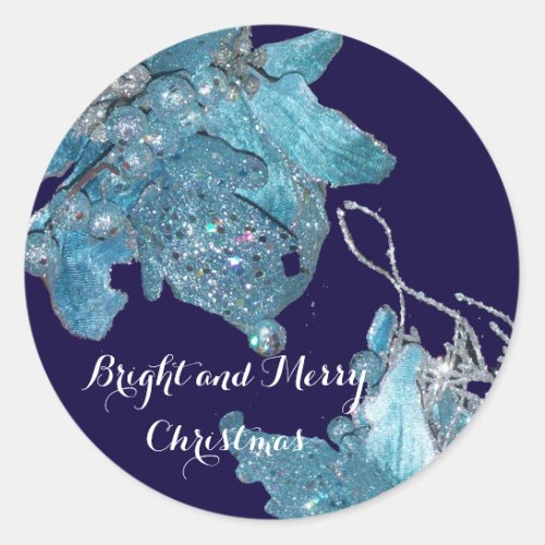 BLUE CHRISTMAS STAR  ELEGANT FLORAL IN SPARKLES CLASSIC ROUND STICKER