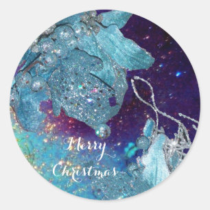BLUE CHRISTMAS STAR , ELEGANT FLORAL IN SPARKLES CLASSIC ROUND STICKER