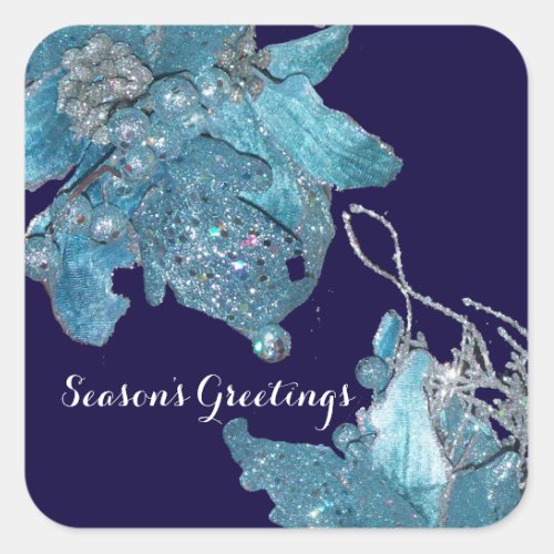 BLUE CHRISTMAS STAR  ELEGANT FLORAL IN SPARKLES SQUARE STICKER