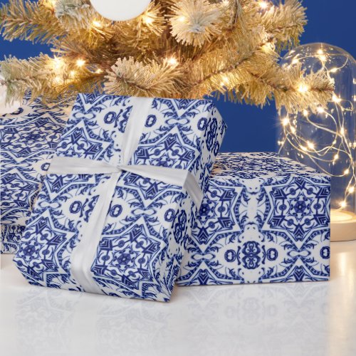 Blue Christmas Stars on White China Pattern Wrapping Paper