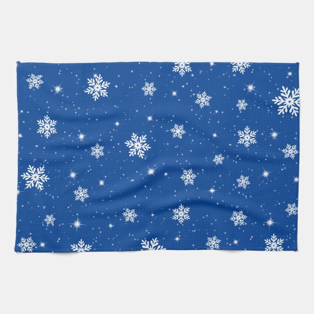 Blue Christmas Stars Snowflakes Pattern Kitchen Towel (Horizontal)
