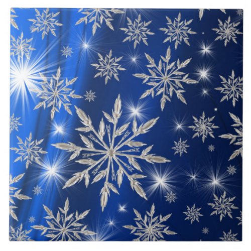 Blue Christmas stars with white ice crystal Ceramic Tile