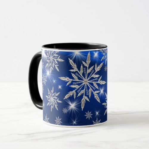 Blue Christmas stars with white ice crystal Mug