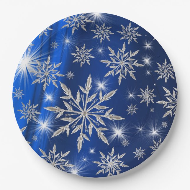 Blue Christmas stars with white ice crystal Paper Plates (Front)