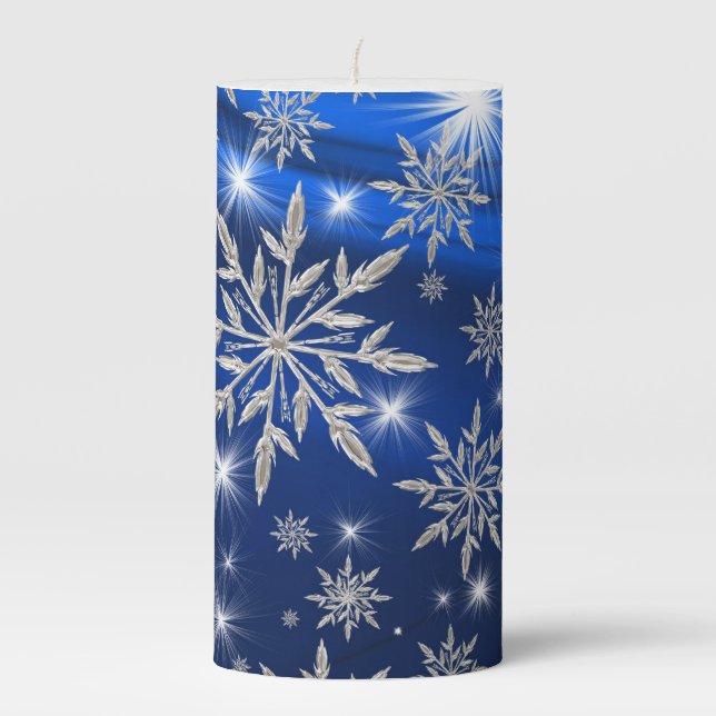 Blue Christmas stars with white ice crystal Pillar Candle (Front)