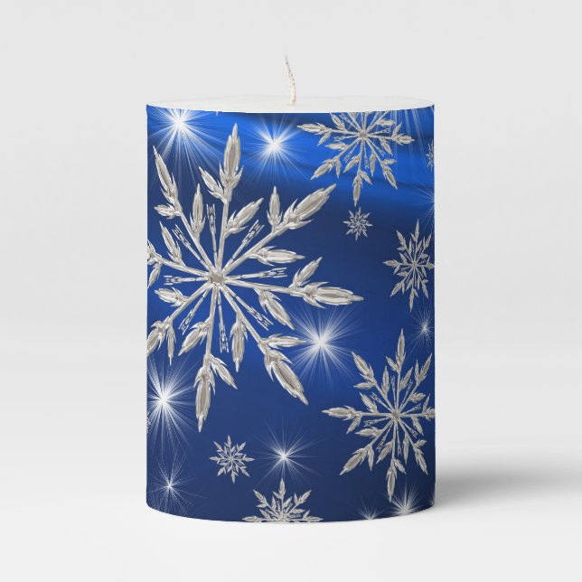Blue Christmas stars with white ice crystal Pillar Candle (Front)