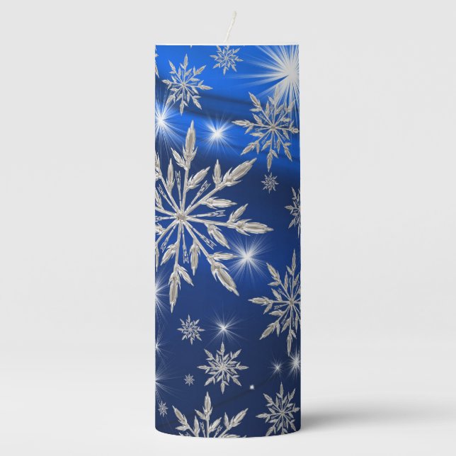 Blue Christmas stars with white ice crystal Pillar Candle (Front)
