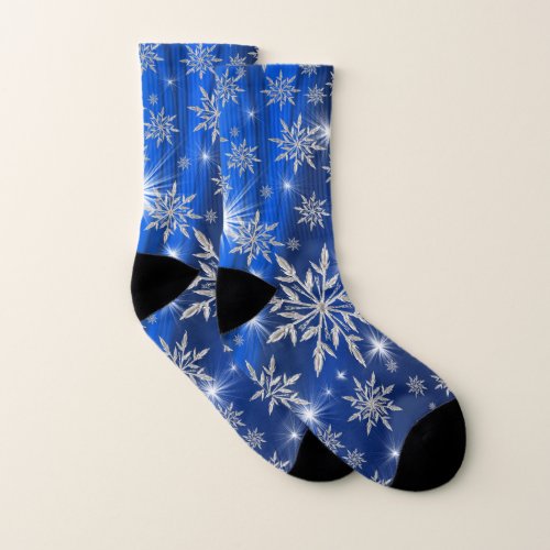 Blue Christmas stars with white ice crystal Socks