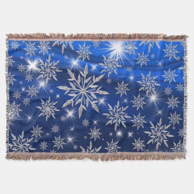 Blue Christmas stars with white ice crystal Throw Blanket (Front)