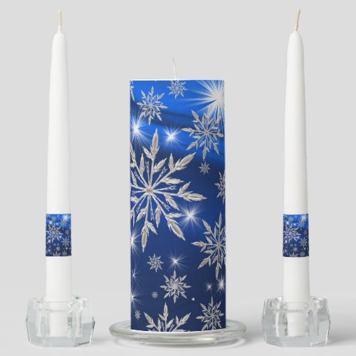 Blue Christmas stars with white ice crystal Unity Candle Set