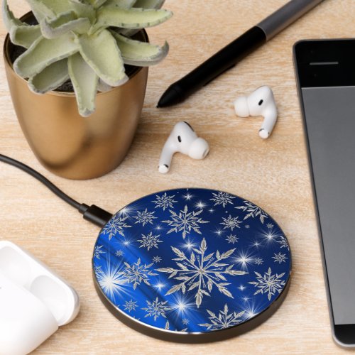 Blue Christmas stars with white ice crystal  Wireless Charger