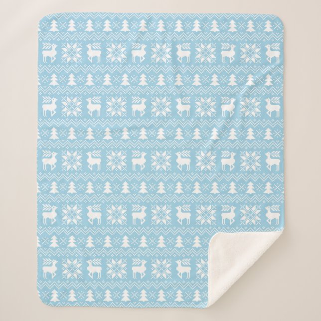 Blue Christmas Sweater Reindeer Poinsettias Design Sherpa Blanket (Front)