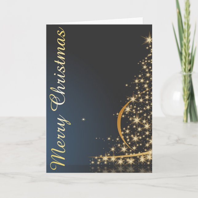 Blue Christmas Theme with golden Christmas Tree Card (Front)