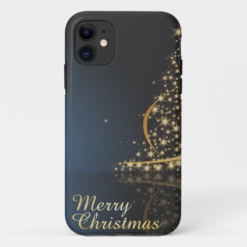 Blue Christmas Theme with golden Christmas Tree iPhone 11 Case