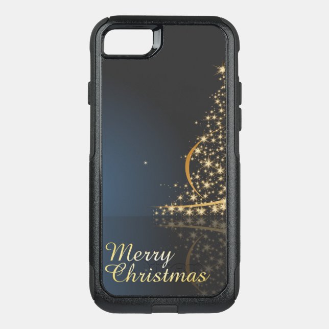 Blue Christmas Theme with golden Christmas Tree Otterbox iPhone Case (Back)