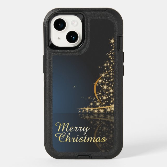 Blue Christmas Theme with golden Christmas Tree Otterbox iPhone Case (Back)