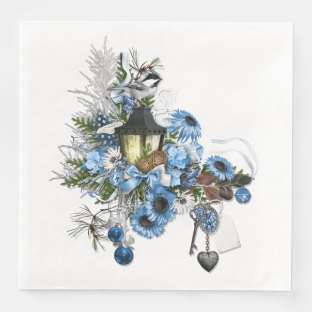 Blue Christmas Themed Arrangement Paper Dinner Napkins (Front)