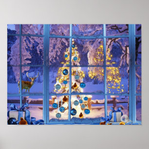 Blue Christmas Through the Window Poster