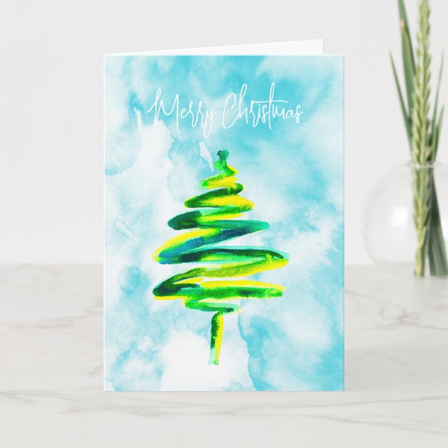 Blue Christmas tree abstract watercolor Card (Front)