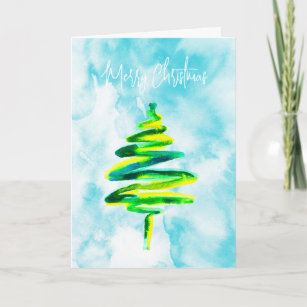 Blue Christmas tree abstract watercolor Card