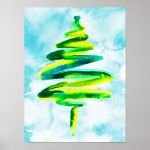 Blue Christmas tree abstract watercolor Poster